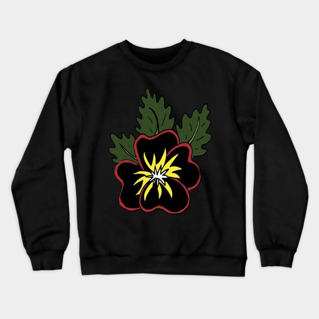 Moody two toned black and red pansy illustration with contrasting white and yellow centre surrounded by green leaves, great gift for a flower lover! Crewneck Sweatshirt by Angel Dawn Design